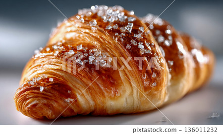 Flaky golden croissant macro with sparkling sugar crystals on a clean studio background 136011232
