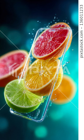Modern smartphone with floating citrus slices and water splash on teal bokeh background 136011233