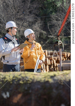 Several people working in primary industries such as forestry, measuring logs with calipers, smiling at the image of building materials for real estate Several people working in primary industries such as forestry, measuring logs with calipers, smiling at the image of building materials for real estate 136011279