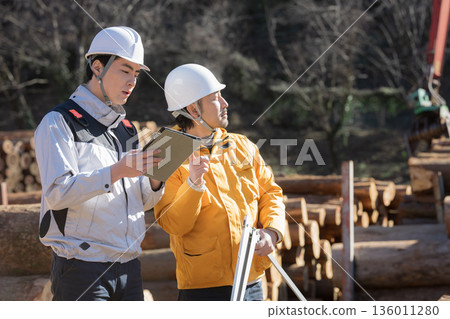 一些從事林業等初級產業的人員，正用遊標卡尺測量原木，看著房地產建築材料的圖片，臉上露出笑容。 136011280