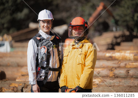 多人從事林業等初級產業工作。一群人在高空使用電鋸砍伐樹木，他們正看著鏡頭。 136011285