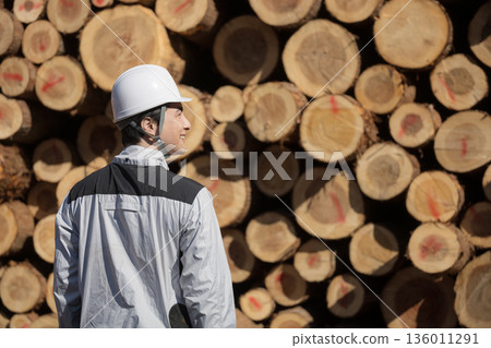 Profile of a man wearing a hard hat with logs and wooden building materials in the background at a construction site 136011291