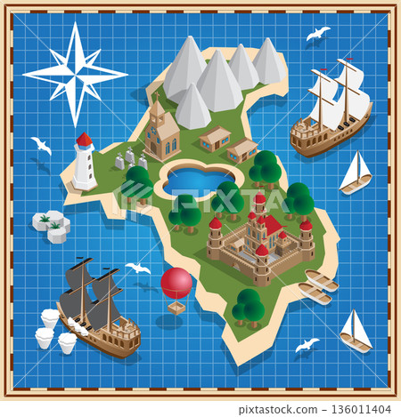 Seascape. Medieval island. Isometric. Vector illustration. 136011404