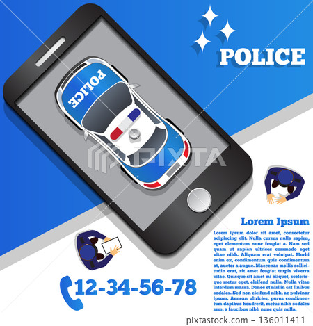 Police in the form of a mobile application. Top view of the car. Vector illustration.  136011411