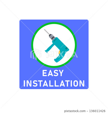 Easy simple installation icon with power drill symbol in circle. Round and square shape. Isolated vector illustration, clipart, sign. Design template for website elements, sticker, tag and other use. 136011426
