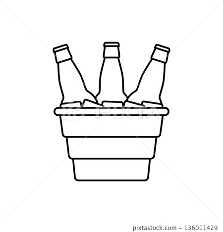 Bottles of beer in a metal bucket with ice cubes. Black and white vector illustration and icon on a white background. Outline and line style. Bottles of beer in a metal bucket with ice cubes. Black and white vector illustration and icon on a white background. Outline and line style. 136011429