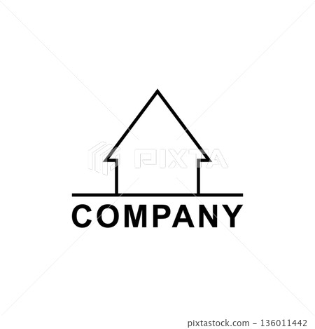Abstract logo with country house and big arrow up. Simple minimal design. Isolated vector illustration on white background. Abstract logo with country house and big arrow up. Simple minimal design. Isolated vector illustration on white background. 136011442