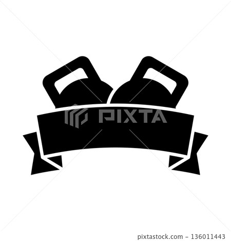 Gym logo. Emblem for fitness. Kettlebells with ribbon banner. Black silhouette. Isolated vector illustration on white background. 136011443