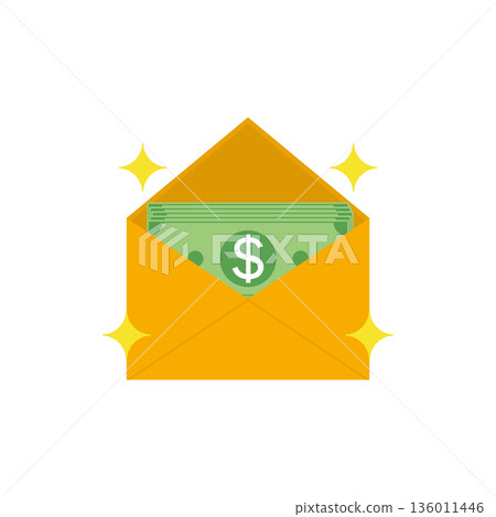 Opened gold envelope with money and shining stars. Paper dollar bills. Vector illustration. 136011446