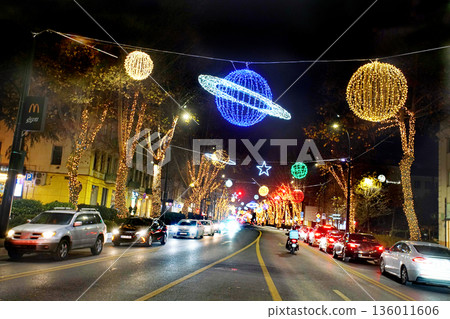 Christmas decoration and lights at Chavchavadze and Rustaveli Avenue in Tbilisi 136011606