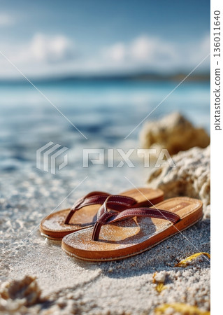 A single pair of flip-flops on clean sand 136011640