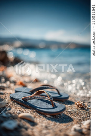 A single pair of flip-flops on clean sand 136011641