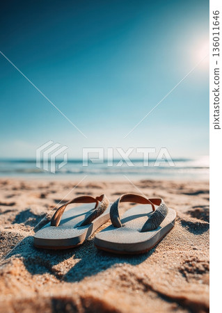 A single pair of flip-flops on clean sand 136011646