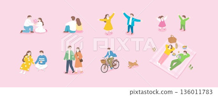 Spring couple and family picnic outdoor activity illustration set Spring couple and family picnic outdoor activity illustration set 136011783