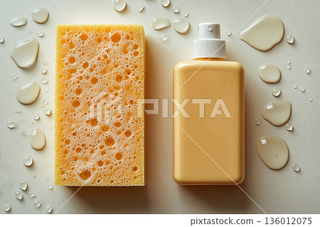Mockup for bathroom cleaning products. Top view. Yellow sponge with cleaning agent with soap bubbles. Mockup for bathroom cleaning products. Top view. Yellow sponge with cleaning agent with soap bubbles. 136012075
