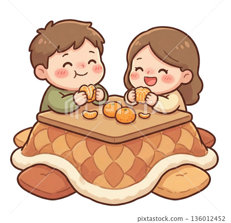 一對情侶在暖桌旁一起吃橘子。 一對情侶在暖桌旁一起吃橘子。 136012452