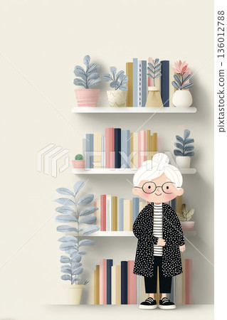 Miyu Series: Scenes from the Life of an Elderly Woman Organizing Her Bookshelf | Senior Intellectual Lifestyle, Papercut-Style Illustrations 136012788