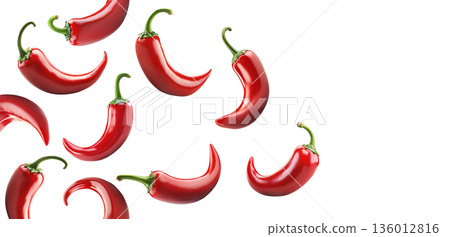 Red chili peppers arranged, isolated on white background, concept of spicy cooking ingredient 136012816