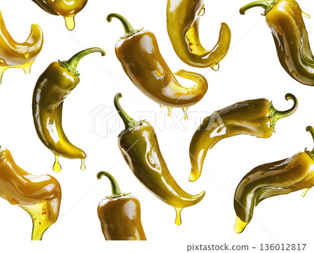 Shiny green chili peppers covered in oil, isolated on white background, emphasizing food freshness and culinary splash concept 136012817