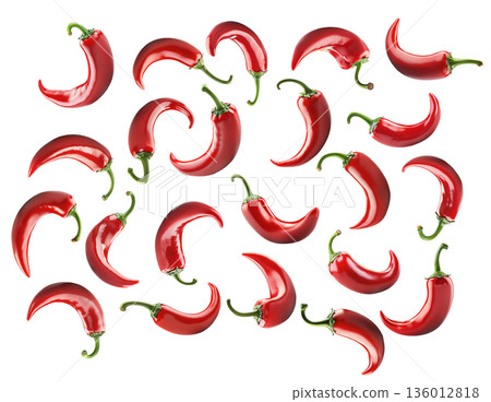 Red chili peppers arranged, isolated on white background, concept of spicy cooking ingredient 136012818