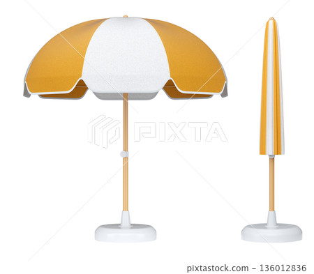 Set of striped beach umbrellas for summer getaways isolated on white background. Set of striped beach umbrellas for summer getaways isolated on white background. 136012836
