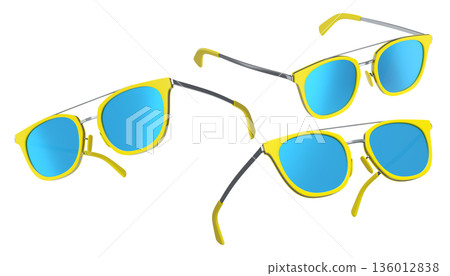 Set of sunglasses with gradient lens and plastic frame on white background. Set of sunglasses with gradient lens and plastic frame on white background. 136012838