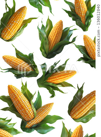 Juicy corn cobs with green husks displayed in seamless layout, isolated on white backdrop, concept of organic food and harvest Juicy corn cobs with green husks displayed in seamless layout, isolated on white backdrop, concept of organic food and harvest 136012840