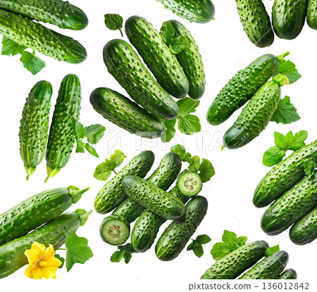 Fresh whole cucumbers with green mint leaves isolated on white background, creating a seamless natural food pattern concept Fresh whole cucumbers with green mint leaves isolated on white background, creating a seamless natural food pattern concept 136012842