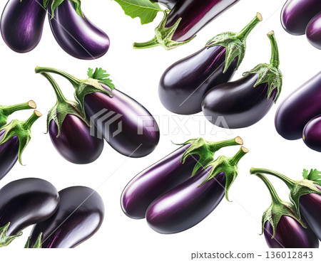 Multiple striped eggplants with glossy skins and green leaves isolated on white background Multiple striped eggplants with glossy skins and green leaves isolated on white background 136012843