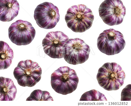 Whole purple garlic bulbs arranged in a scattered seamless pattern, isolated on white background, concept of organic food 136012852