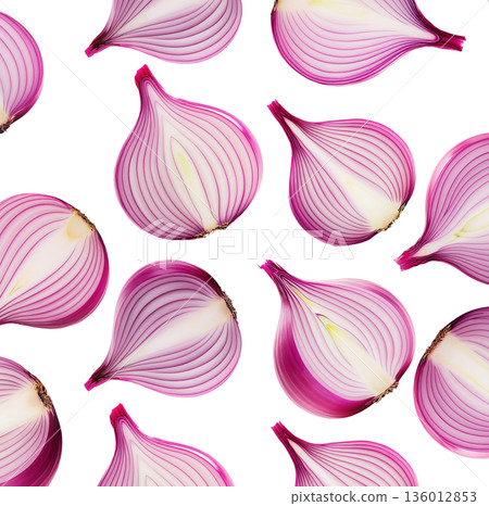 Halved red onions arranged in a seamless pattern, isolated on a white background, concept of fresh vegetable texture Halved red onions arranged in a seamless pattern, isolated on a white background, concept of fresh vegetable texture 136012853