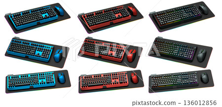 Collection of mechanical keyboards and mouse isolated on white background with clipping path Collection of mechanical keyboards and mouse isolated on white background with clipping path 136012856