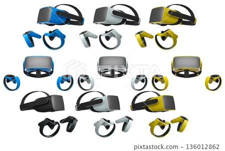 Virtual reality glasses and headset with controllers isolated on white background with clipping path Virtual reality glasses and headset with controllers isolated on white background with clipping path 136012862