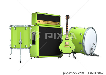 Set of electric acoustic guitars and drums with cymbals on white background 136012867