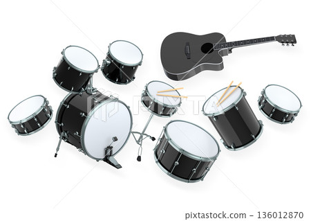 Set of electric acoustic guitars and drums with cymbals on white background 136012870