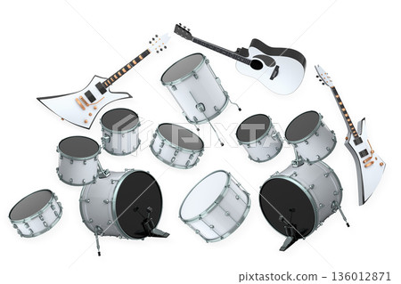 Set of electric acoustic guitars and drums with cymbals on white background 136012871