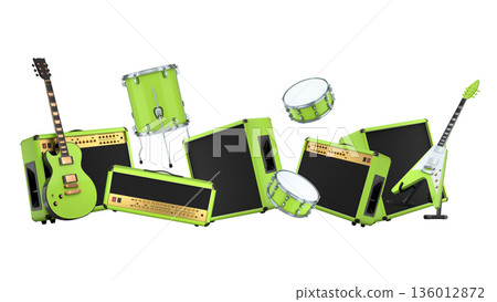 Set of electric acoustic guitars and drums with cymbals on white background Set of electric acoustic guitars and drums with cymbals on white background 136012872