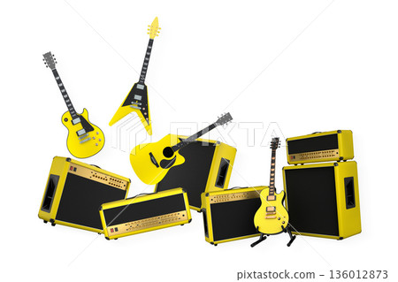 Set of electric acoustic guitars and drums with cymbals on white background Set of electric acoustic guitars and drums with cymbals on white background 136012873