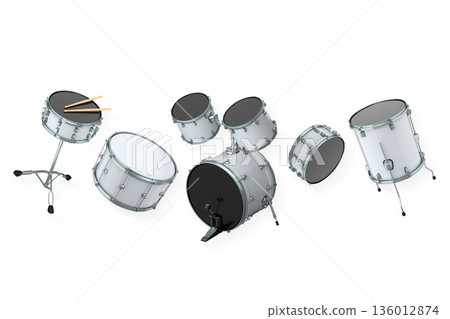 Set of drums and drumset with metal cymbals on white background Set of drums and drumset with metal cymbals on white background 136012874