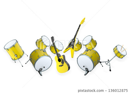 Set of electric acoustic guitars and drums with cymbals on white background Set of electric acoustic guitars and drums with cymbals on white background 136012875
