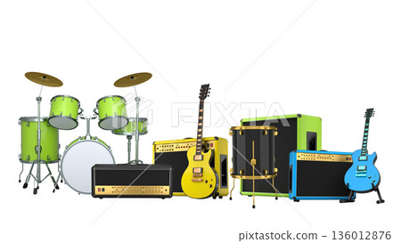 Set of electric acoustic guitars and drums with cymbals on white background Set of electric acoustic guitars and drums with cymbals on white background 136012876