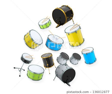 Set of drums and drumset with metal cymbals on white background Set of drums and drumset with metal cymbals on white background 136012877