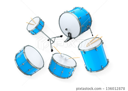 Set of drums and drumset with metal cymbals on white background 136012878