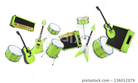 Set of electric acoustic guitars and drums with cymbals on white background 136012879