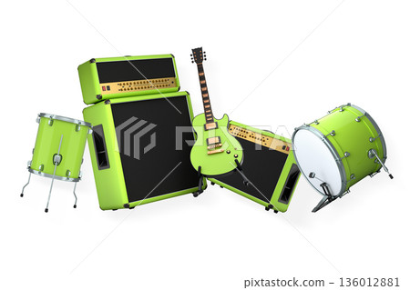 Set of electric acoustic guitars and drums with cymbals on white background Set of electric acoustic guitars and drums with cymbals on white background 136012881