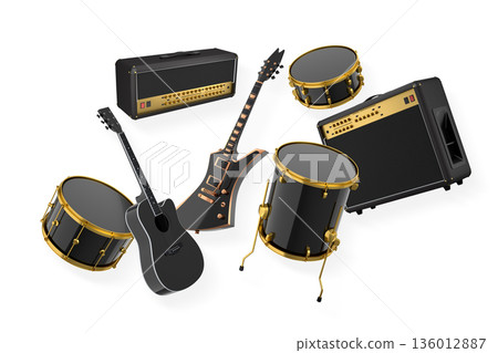 Set of electric acoustic guitars and drums with cymbals on white background 136012887