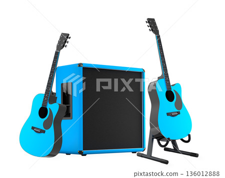 Set of electric acoustic guitars and amplifiers on white background 136012888