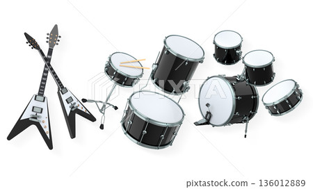 Set of electric acoustic guitars and drums with cymbals on white background 136012889
