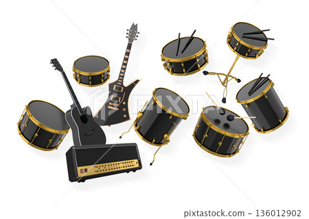 Set of electric acoustic guitars and drums with cymbals on white background 136012902