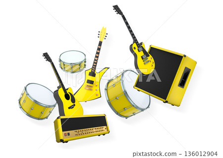 Set of electric acoustic guitars and drums with cymbals on white background 136012904